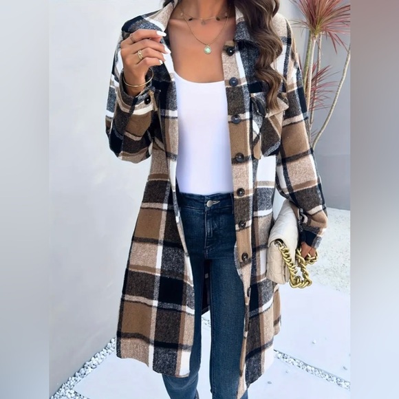 Brand New Camel Brown Flannel Shacket Coat Plaid Button Down Shirt Jacket - Picture 2 of 16